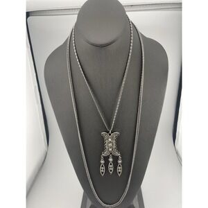 Vintage Goldette Etruscan Necklace Silver Tone Layered Pendant Multi Chain‎